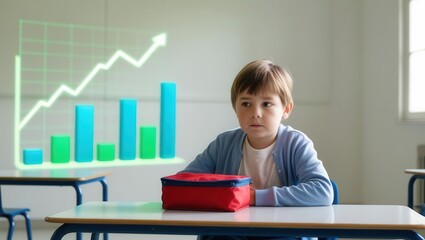 Student analyzing academic performance trends in classroom educational environment focused viewpoint