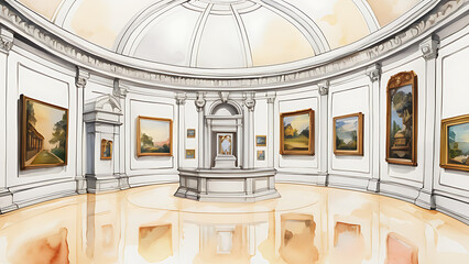Watercolor painting of art gallery interior with paintings and dome