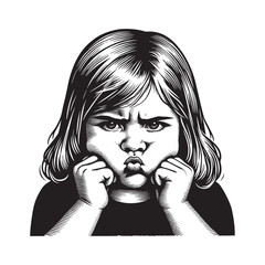 Little girl,s exaggerated expression, showing frustration in realistic woodcut drawing