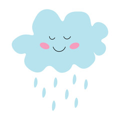 Cute cartoon cloud is smiling. Kind and joyful child character. One icon isolated on  white background. Flat design. Kawaii.