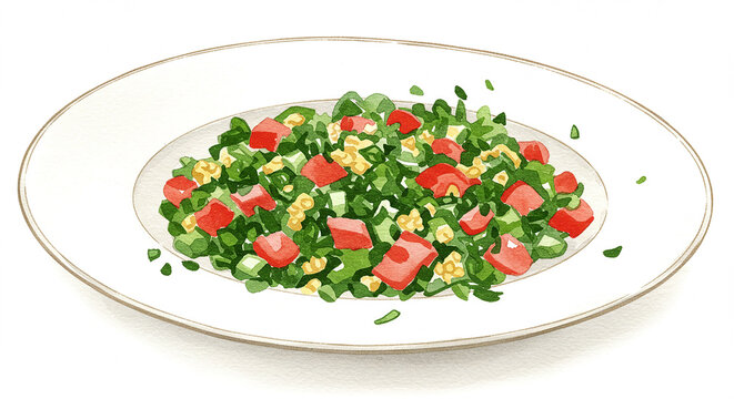Vibrant Tabbouleh Salad with Tomatoes and Parsley on White Plate Watercolor Food Illustration