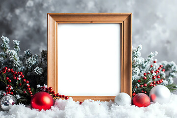 Christmas background empty wooden picture frame mock up and decoration. Winter holidays celebration concept with copy space for text. Mockup