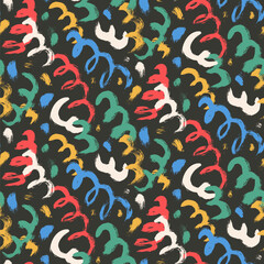 Night carnival decor seamless pattern. Curve lines holiday ornament. Geometric decoration party endless background. Fun confetti repeat cover. Surface pattern festive motif. Vector illustration.