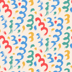 Curve lines retro seamless pattern. Geometric spirals handmade endless background. Fun squiggles repeat cover. Surface pattern design vintage festive motif. Vector hand drawn illustration.