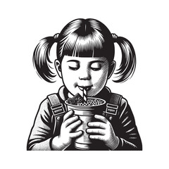 Monochrome woodcut illustration of a young girl enjoying a dessert beverage