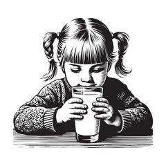 Monochrome Woodcut Illustration of a Young Girl Enjoying a Glass of Milk