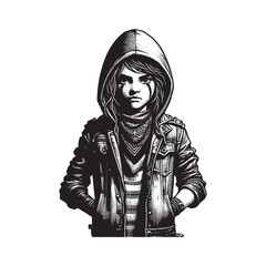 Fototapeta premium Monochrome woodcut illustration of a determined child in urban fashion