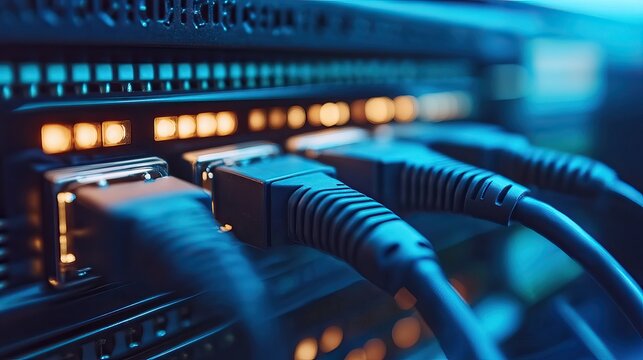 Network cables plugged into server rack, glowing lights - Powered by Adobe