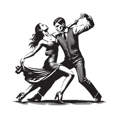 Fototapeta premium Passionate tango duet rendered in monochrome woodcut style illustration