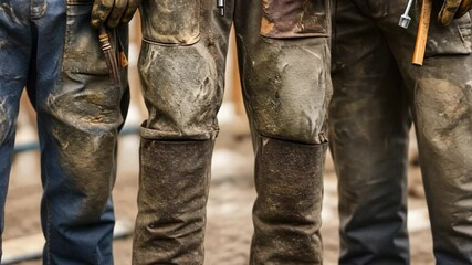 Rugged Workers: Close-up shot of hard-working individuals, showcasing their well-worn work pants, the essence of dedication and labor in the demanding world.