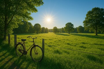 Fototapeta premium Bicycle Resting on a Fence by a Sunny Green Meadow During Early Morning Hours
