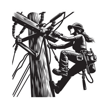 Skilled electrician diligently repairs overhead power lines during maintenance