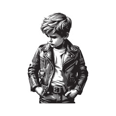 Fototapeta premium Stylish young boy showcasing fashion attire in a monochrome engraving style
