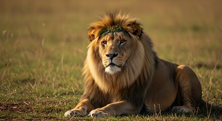 Obraz premium Majestic Lion Resting in the Golden Hour Savanna Grassland AI Generated