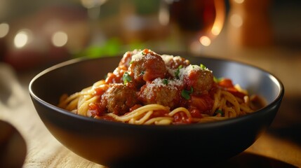 A bowl of spaghetti with marinara sauce and meatballs. Featuring warmth and satisfaction