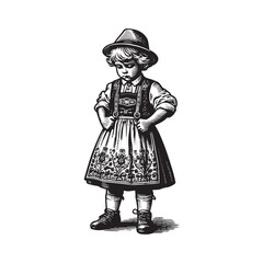 Obraz premium Traditional attire little boy in vintage woodcut style with folk fashion