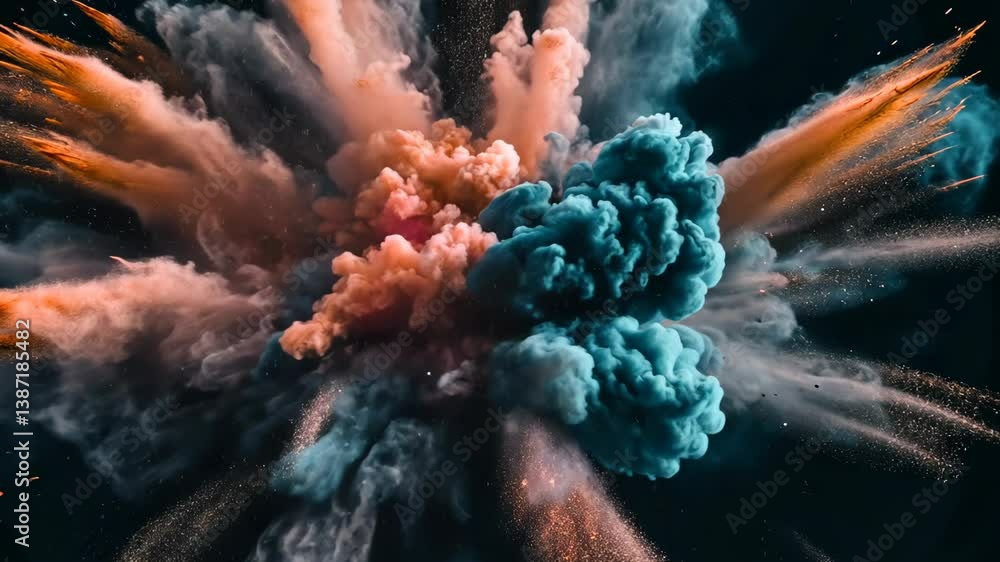 Poster dynamic explosion of vibrant multicolored powder clouds against a dark space backdrop, creating an e
