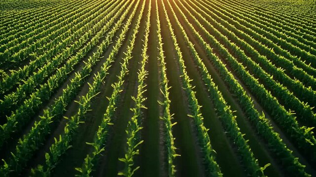 Aerial view of meticulously cultivated crop rows bathed in golden sunlight, showcasing agricultural precision and the beauty of nature's patterns.