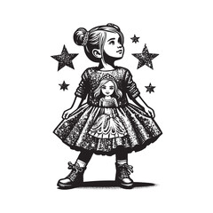 Fototapeta premium Whimsical illustration of a young girl in a star-adorned dress with sparkle style