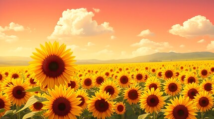 Fototapeta premium A sunflower field in full bloom stretching to the horizon under a warm summer sky with fluffy white clouds.