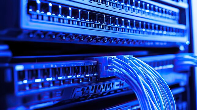 Network server rack in data center with blue light
