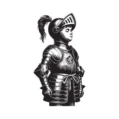 Fototapeta premium Young dreamer in knight,s armor captured with artistic woodcut drawing style