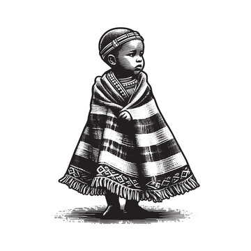 Young child in traditional basotho blanket artwork rendered in woodcut style
