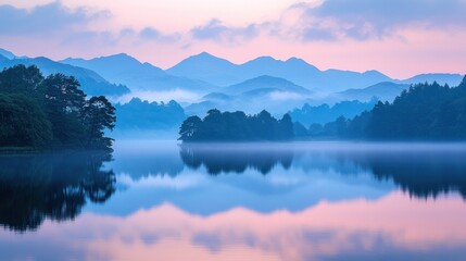 Fototapeta premium Misty Sunrise over Mountain Lake, Calm Reflection