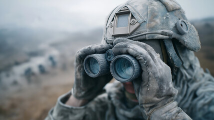 Soldier in full tactical gear using binoculars to survey the terrain in a cold, mountainous area during daytime operations