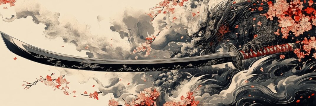 A sword is displayed against a background of abstract floral