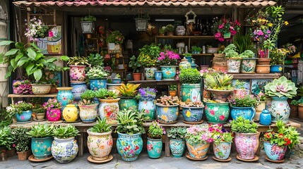 Bountiful Display of Colorful Flower Pots in a Vibrant Outdoor Garden Shop