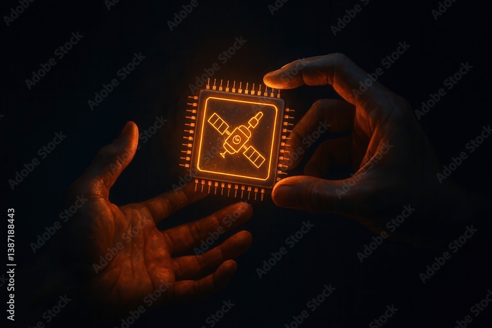 Poster hands hold a glowing chip featuring a satellite design against a dark backdrop in a futuristic setti