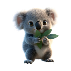 Fluffy 3D Cartoon Baby Koala with Glowing Soft Fur Isolated on Transparent Background