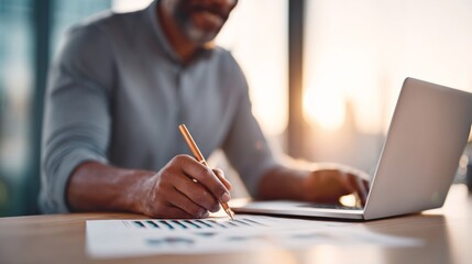 View of business analyst compiling data for strategic insights, high-definition office background --chaos 25 --ar 16:9 --profile muwoyfp --v 7 Job ID: 7e11b09d-0cf3-4c73-9639-d95ab4cf1159