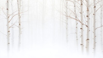 A high-resolution photograph depicts a snowy birch forest. The birch trees, slender and white, stand close together. The image is softly focused, creating a serene, dreamy effect. The color palette