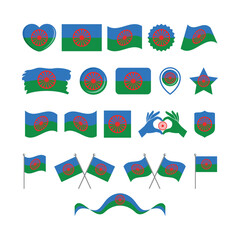 Romani flag icon set vector isolated on a white background. Romani flag graphic design element. Flag of the Romani people symbols collection. Romani flag icons in flat style