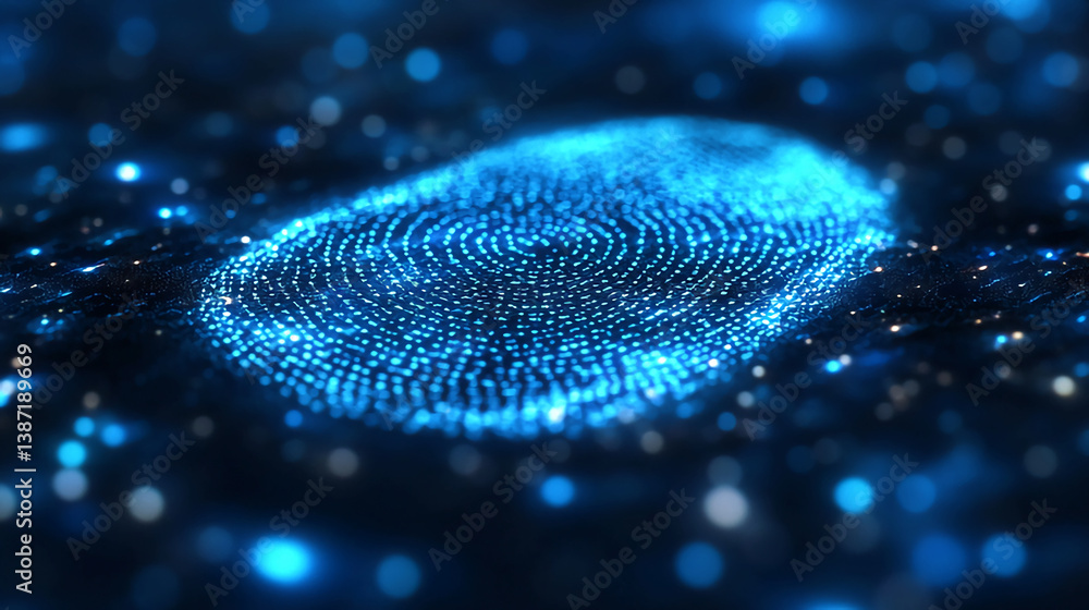 Poster futuristic digital fingerprint scan made of glowing blue particles, representing biometric security 