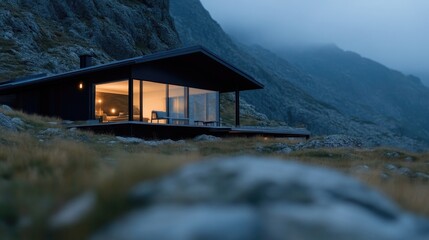 Modern mountain cabin nestled amongst misty peaks.  Interior lit, showcasing spacious living area