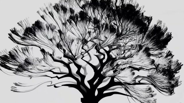 A tree of flowing ink rapidly grows in a white void, its branches spreading in fractal patterns.  Stylized black-and-white visuals with smooth, fluid motion
