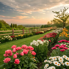 Obraz premium garden background, colorful flowers blooming in spring, beautiful flower garden view