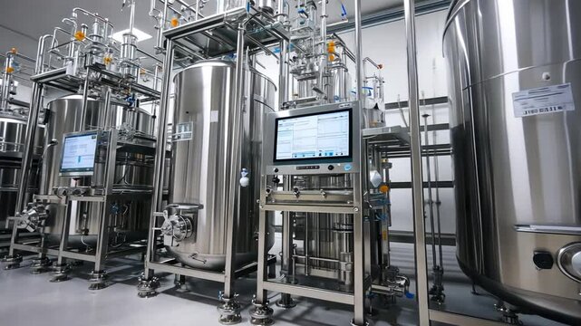 Bioreactor Complex in a Lab Setting: A detailed shot showcasing multiple bioreactors with their control panels in a sterile lab, illustrating cutting-edge technology in pharmaceutical research.