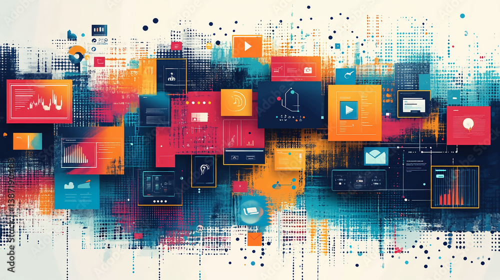 Poster abstract digital data visualization with colorful blocks and network connections.