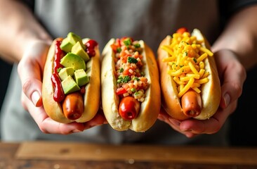 Close up of hands holding three hot dogs with different fillings