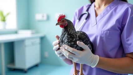 Veterinarian holding grey speckled chicken, space for text