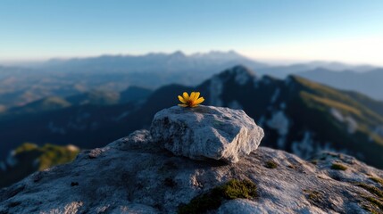 Tiny yellow flower atop a mountain peak.  A lone flower rests on a rock, high above the valley, bathed in morning light