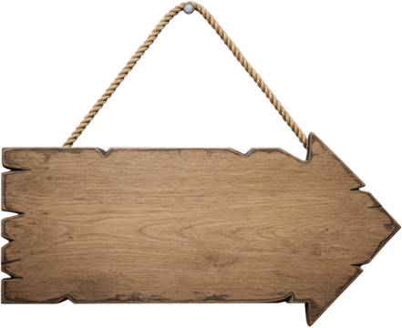 Wooden arrow sign, isolated on a transparent background,  shows texture and grain of wood, perfect for direction,  signpost, or rustic design png image