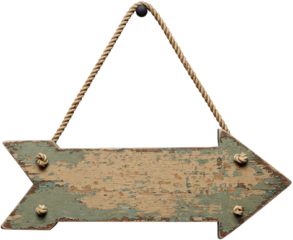 Arrow-shaped wooden sign, rustic beige and teal paint, isolated on a transparent background, showing texture and wear, ideal for direction, announcement, or vintage design png image