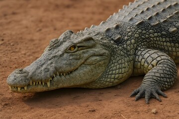 Fototapeta premium Close-Up of a Crocodile Resting on Dry Earth in High Resolution