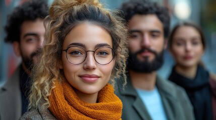 Smiling woman, urban group portrait, autumnal attire, blurred background