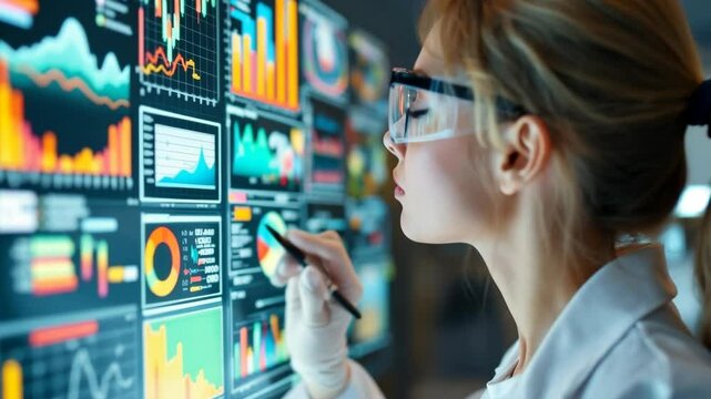 Analyzing digital data: focused professional interacting with futuristic analytics interface. High quality 4k footage